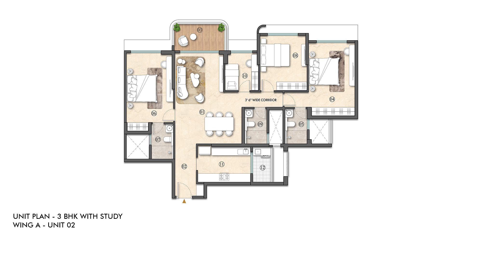 Lodha-Altus-Borivali-3Bhk-With-Study-Room-Unit-Floor-Plan